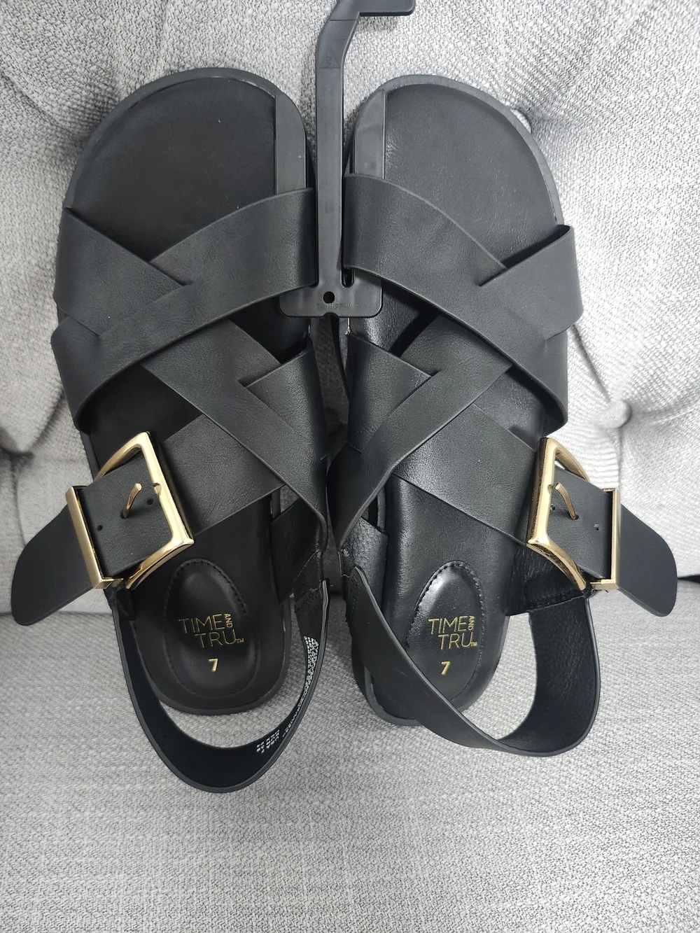 Time and Tru Black Cross-Strap Sandals with Gold Buckle